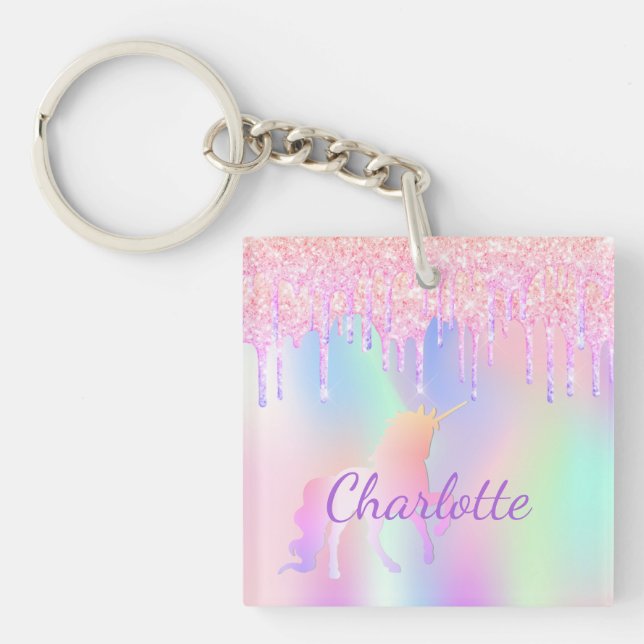 Unicorn pink purple holographic name girl key ring (Front)