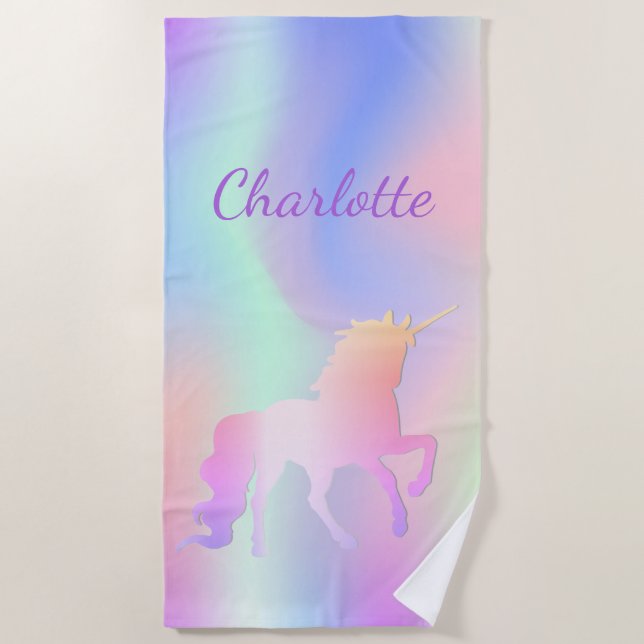 Unicorn pink purple monogram name holographic beach towel (Front)