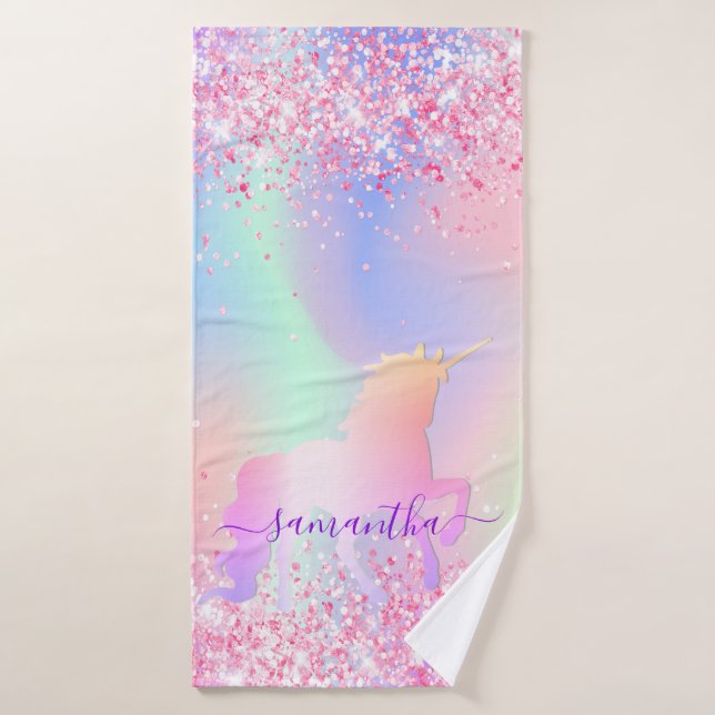 Unicorn pink purple name girl bath towel (Bath Towel)