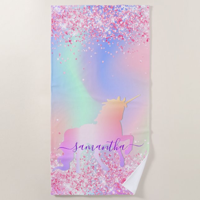 Unicorn pink purple name holographic girl beach towel (Front)