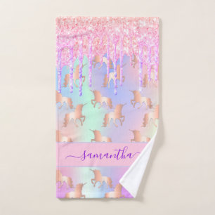 Unicorn pink purple name holographic hand towel