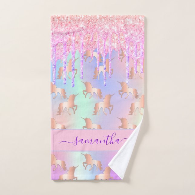 Unicorn pink purple name holographic hand towel (Hand Towel)
