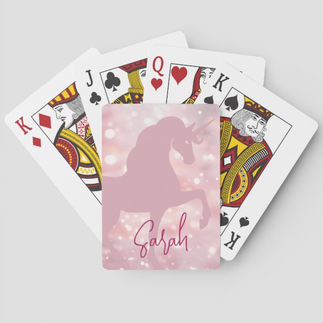 Unicorn pink sparkling bokeh lights name trendy playing cards (Back)