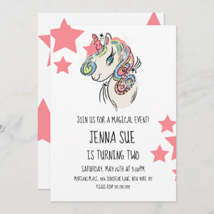 Unicorn Pink Stars Hand Drawn Birthday Party Invitation