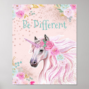Unicorn Pink Teal Floral Gold Glitter Glam Poster