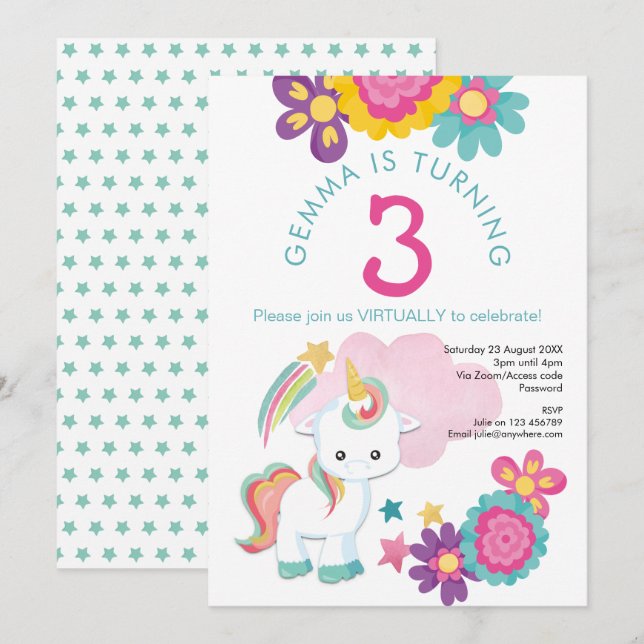 Unicorn Pink Teal Girl 3rd Virtual Birthday Party Invitation (Front/Back)