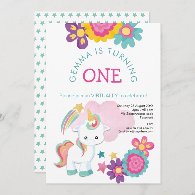 Unicorn Pink Teal Girl Virtual 1st Birthday Party Invitation (Front/Back)
