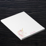 Unicorn pink white name girl notepad<br><div class="desc">A cute pink and golden unicorn head.  White background. Personalise and add your name.  Pink letters.</div>