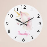 Unicorn pink white name large clock<br><div class="desc">A white background decorated with a cute unicorn face in white and pink.  Personalise and add a name,  pink letters.</div>