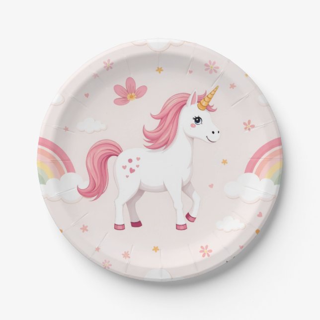 Unicorn Plates, Rainbows, Flowers, Party Paper Plate (Front)