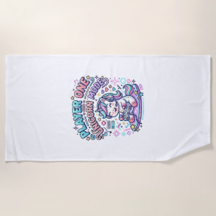 Unicorn Player One Unicorn Mode Retro Style Graphi Beach Towel
