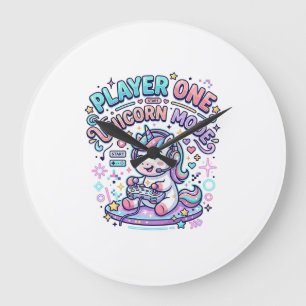 Unicorn Player One Unicorn Mode Retro Style Graphi Large Clock