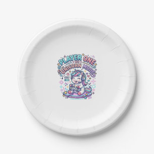 Unicorn Player One Unicorn Mode Retro Style Graphi Paper Plate