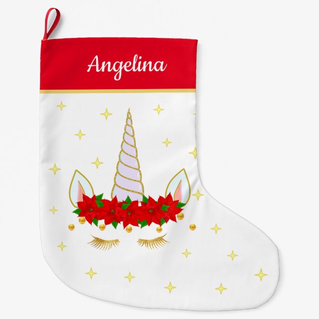Unicorn, Poinsettia Flowers & Stars on Red & White Large Christmas Stocking (Front)