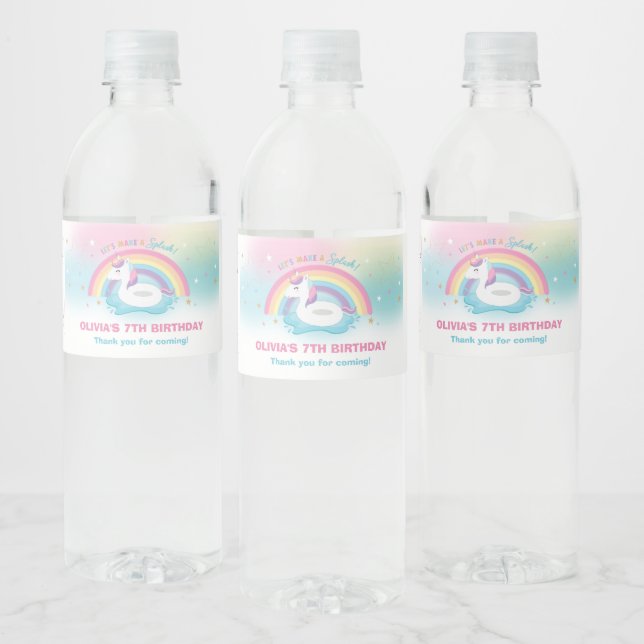 Unicorn Pool Birthday Party Rainbow Unicorn Drink Water Bottle Label (Bottles)