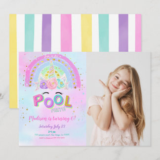 Unicorn & Pool Birthday Photo Invitation