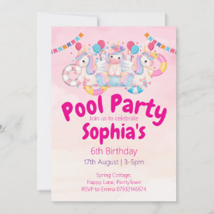 Unicorn Pool Party 6th Birthday Invitation Pink
