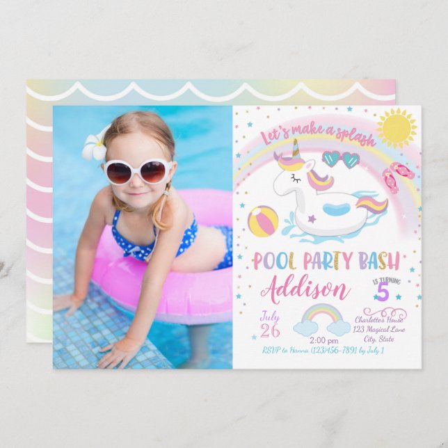 Unicorn Pool Party Birthday Invitation (Front/Back)