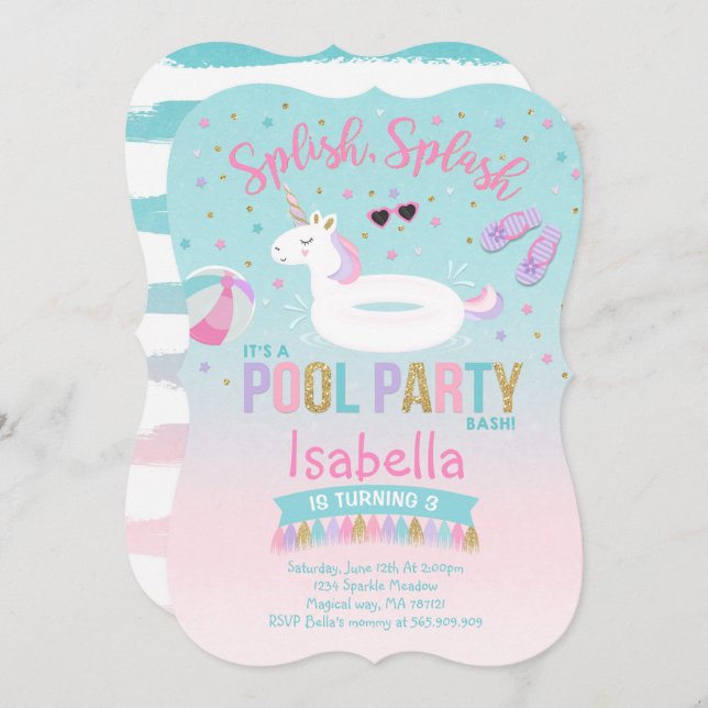 Unicorn Pool Party Birthday Invitation Pink Gold (Front/Back)