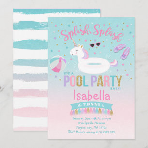 Unicorn Pool Party Birthday Invitation Pink Gold