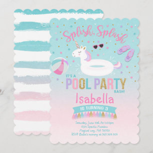 Unicorn Pool Party Birthday Invitation Pink Gold