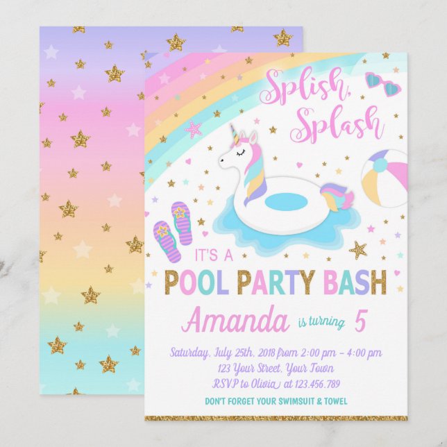 Unicorn Pool Party Birthday Invitation Pink & Gold (Front/Back)