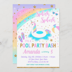 Unicorn Pool Party Birthday Invitation Pink & Gold
