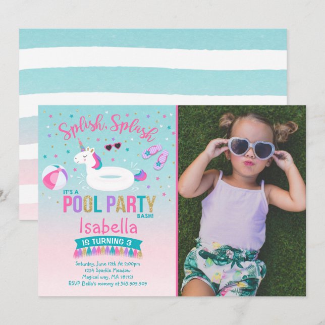 Unicorn Pool Party Birthday Invitation Pink Gold (Front/Back)