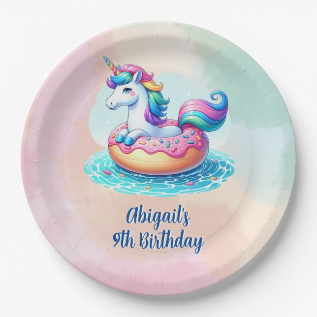 Unicorn Pool Party Birthday  Paper Plate (Front)