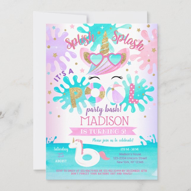 Unicorn Pool Party Birthday Party Invitations (Front)