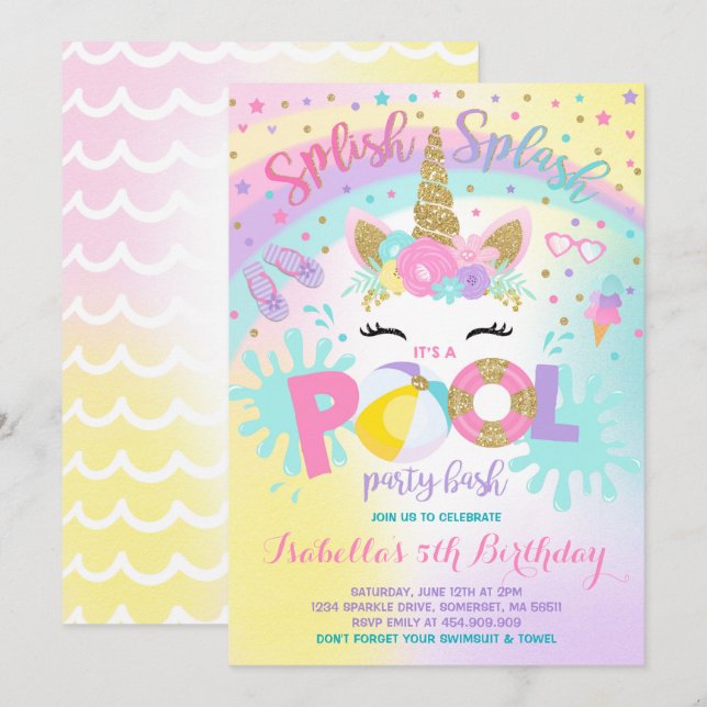 Unicorn Pool Party Invitation Pool Birthday Party (Front/Back)