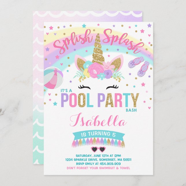 Unicorn Pool Party Invitation Pool Birthday Party (Front/Back)
