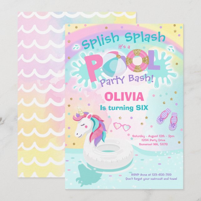 Unicorn Pool Party Invitation Pool Birthday Party (Front/Back)