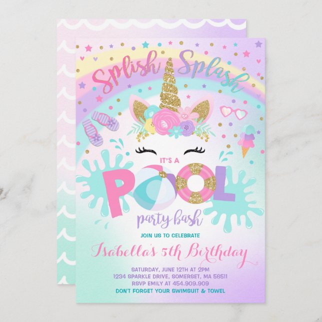 Unicorn Pool Party Invitation Pool Birthday Party (Front/Back)