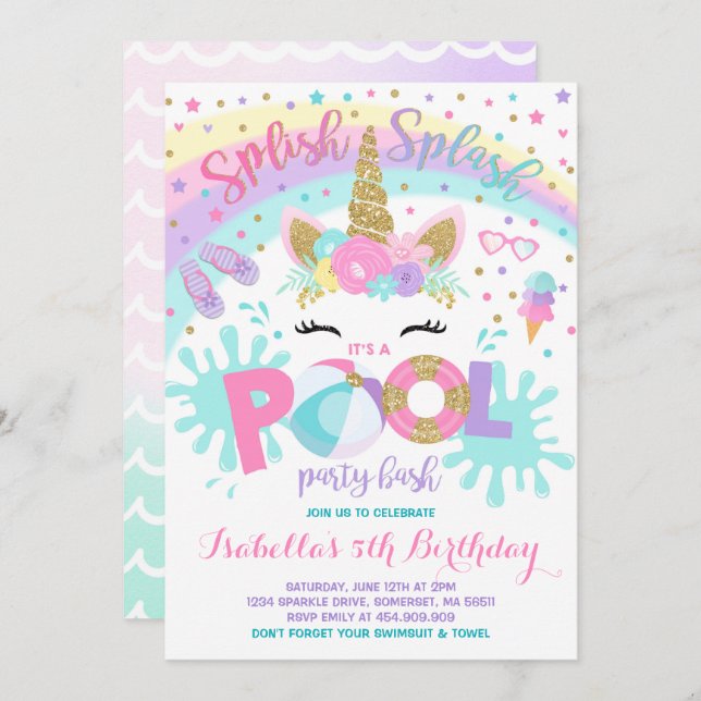 Unicorn Pool Party Invitation Pool Birthday Party (Front/Back)