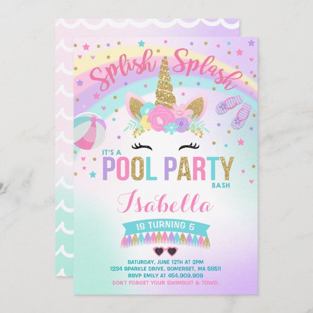 Unicorn Pool Party Invitation Pool Birthday Party (Front/Back)