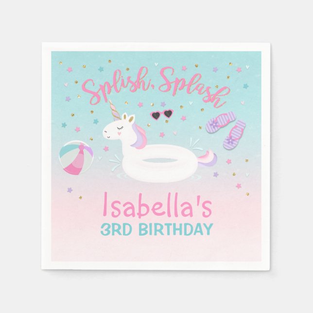 Unicorn Pool Party Napkin Birthday Invitation Pink (Front)