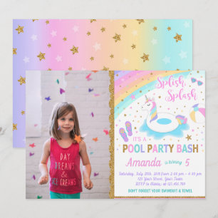 Unicorn Pool Party Photo Invitation Pink & Gold