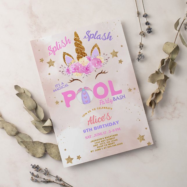Unicorn Pool Party Splish Splash Birthday Invitation (Creator Uploaded)