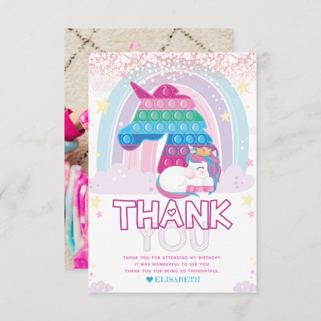Unicorn Pop It Birthday Photo  Thank You Card (Front/Back)