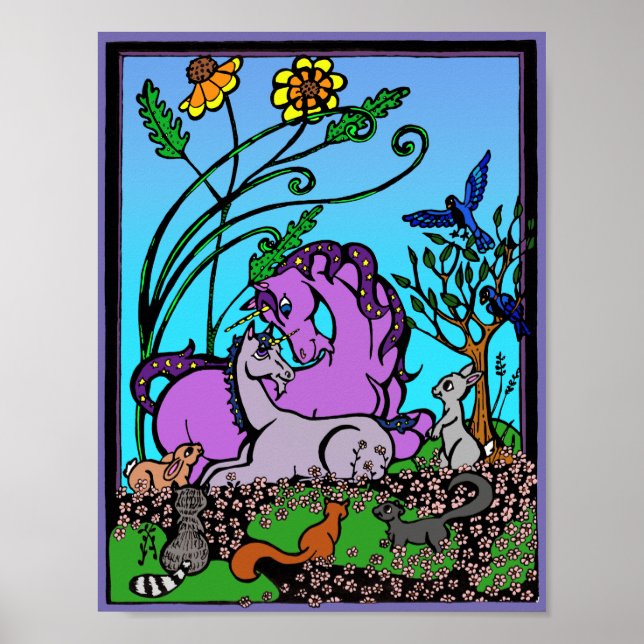 Unicorn Poster for kids - "sitting mum" light back (Front)