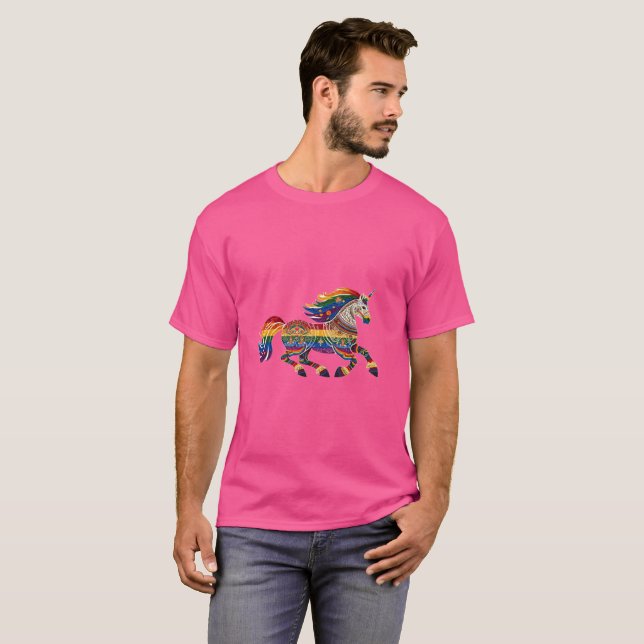 Unicorn Prance Folk Print Unisex T-Shirt (Front Full)