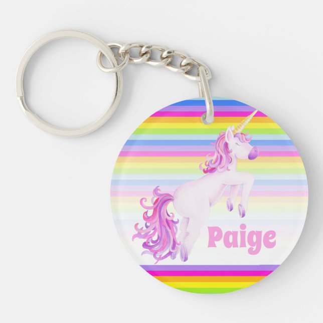 Unicorn prance pink rainbow stripes custom name key ring (Front)