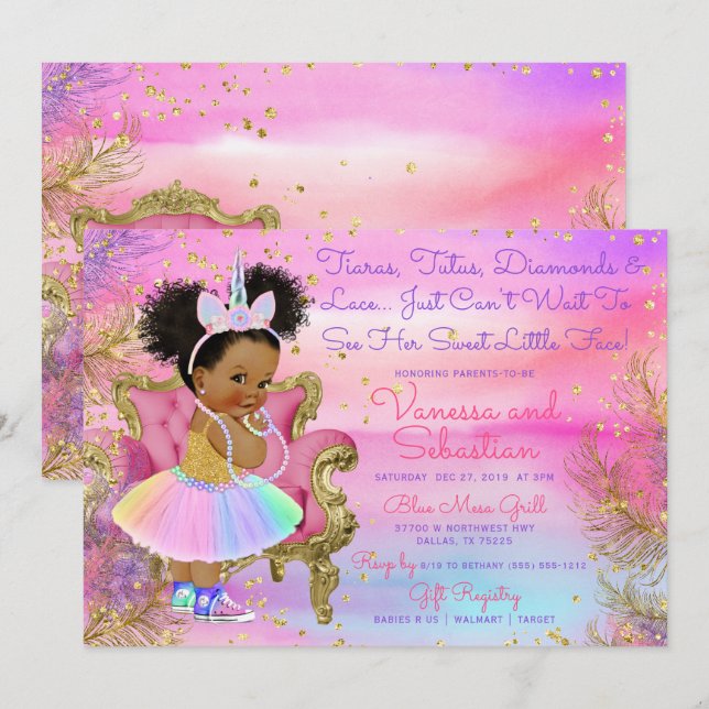 Unicorn Princess African American Glitter Gems Invitation (Front/Back)