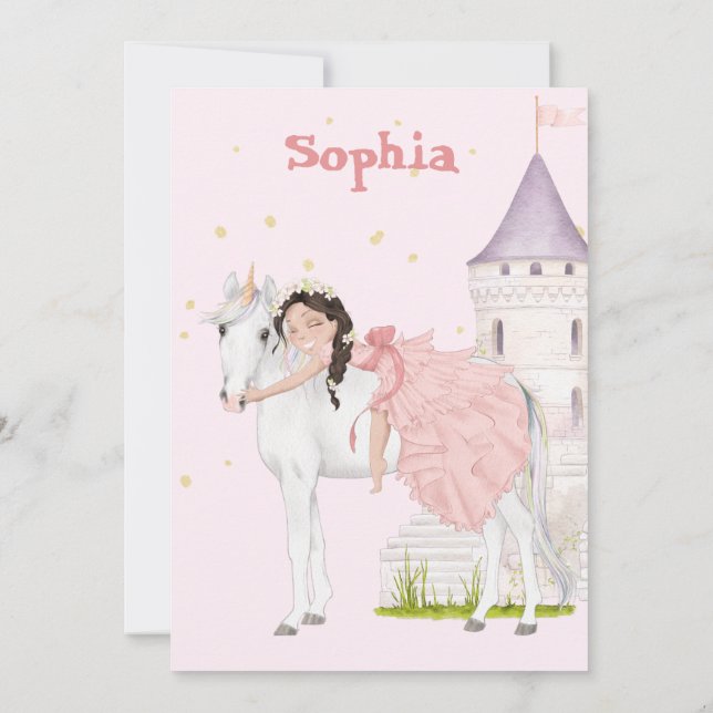 Unicorn Princess Age Dark Hair Birthday  Invitation (Back)