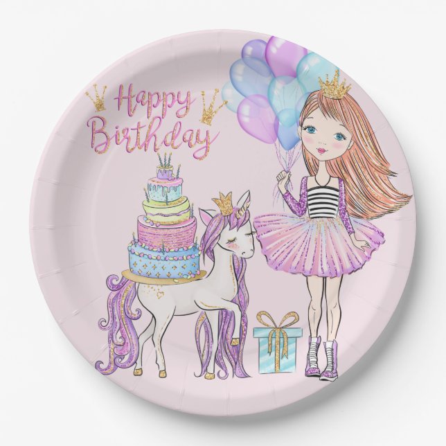 Unicorn Princess Cool Girl Birthday Paper Plate (Front)