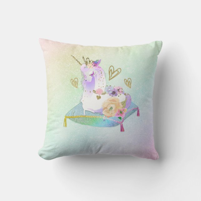 Unicorn Princess Diva Iridescent Rainbow Pastel Cushion (Front)
