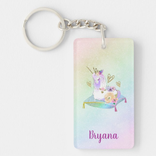 Unicorn Princess Diva Iridescent Rainbow Pastel Key Ring (Front)