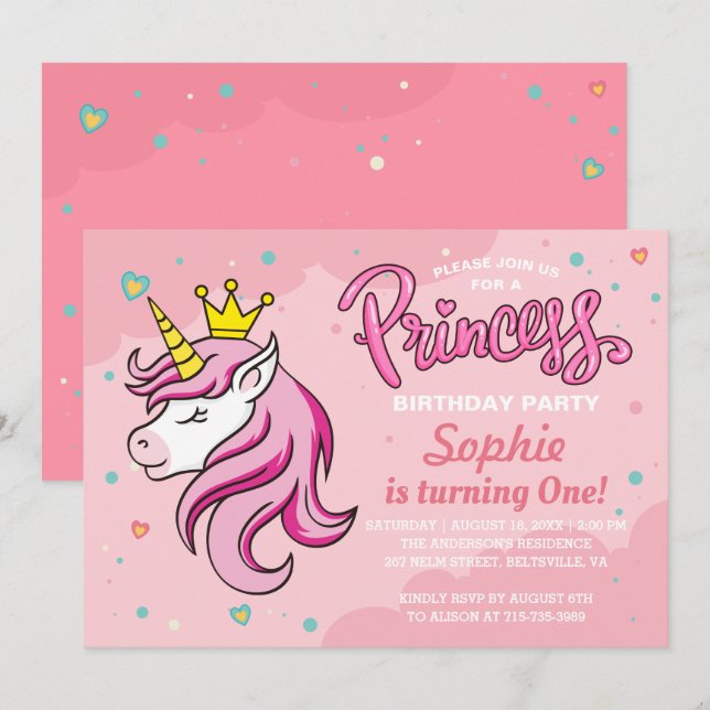 Unicorn Princess Girl Kids Baby Birthday Party Invitation (Front/Back)