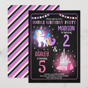 Unicorn Princess Girl Siblings Joint Birthday Invitation